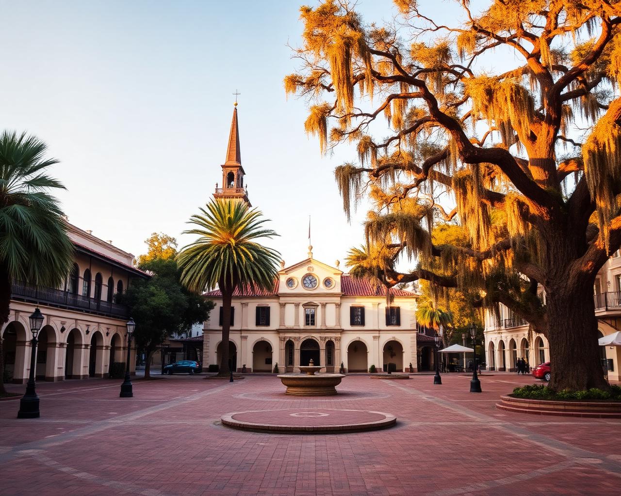 Plaza de la Constitución in downtown St. Augustine at golden hour