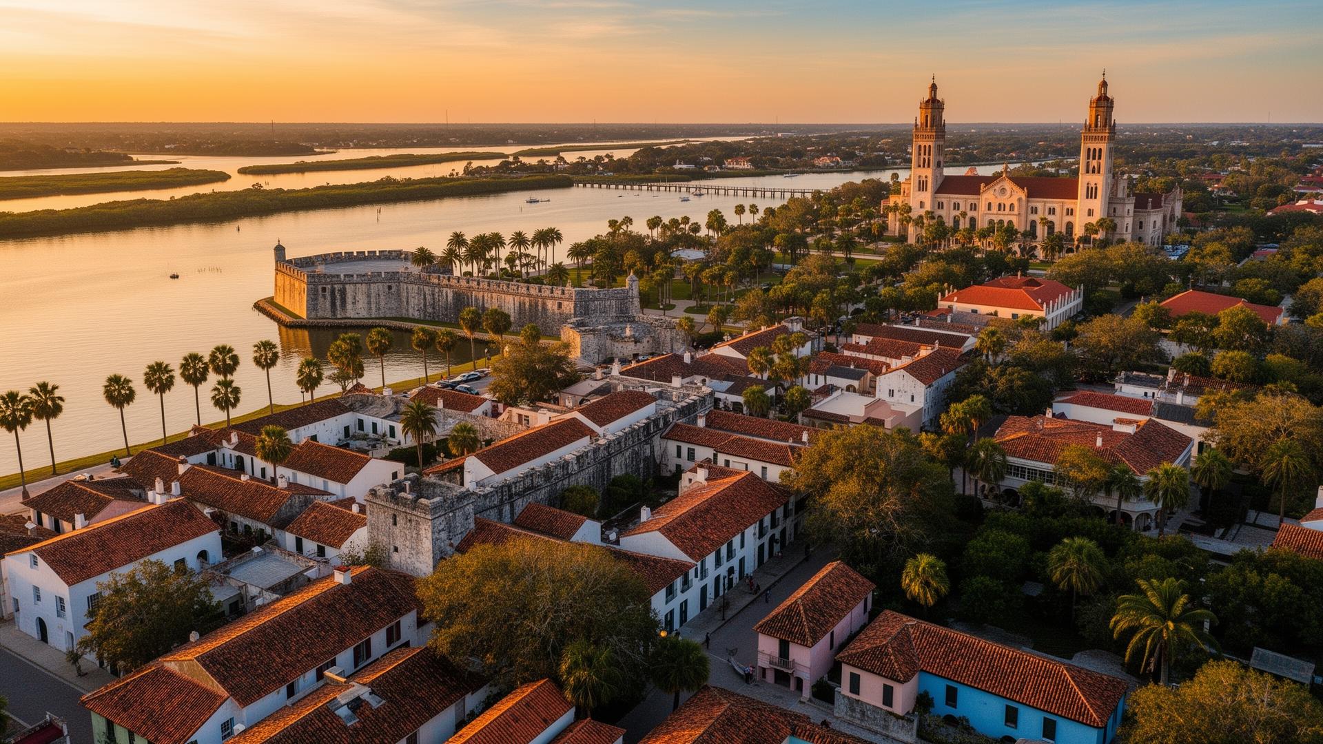 Aerial view of St. Augustine with Flagler College in distance